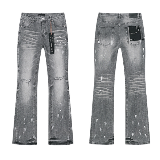 Grey Washed Flared Denim Jeans with Paint Splatter and Distressing